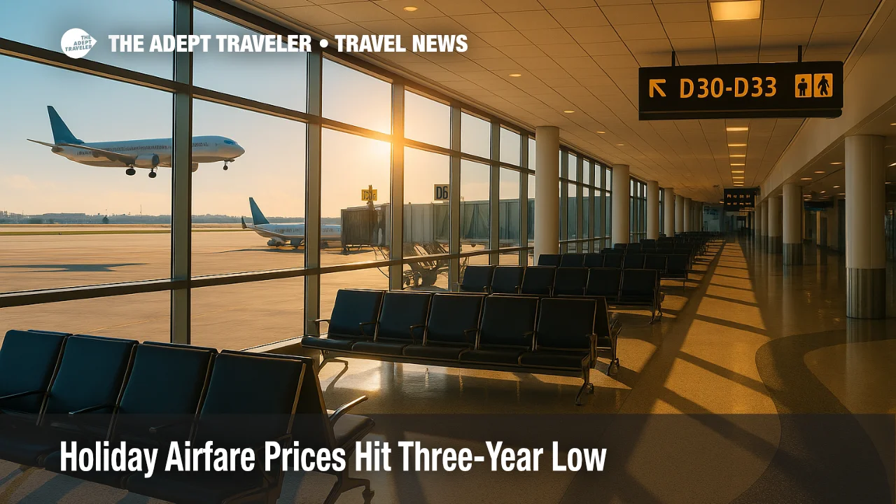 Wide concourse view at Miami airport with jets at gate, illustrating lower holiday airfare prices and flexible travel strategies.