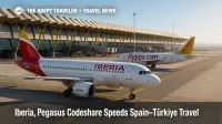 Two Iberia and Pegasus jets at Madrid-Barajas gate area, illustrating the new Iberia and Pegasus codeshare.