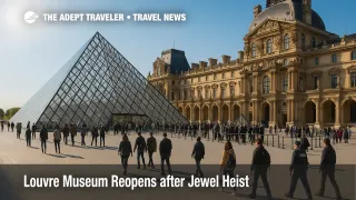 Visitors approach the Louvre glass pyramid amid added security, as the museum reopens after the jewel heist.