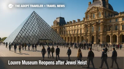 Visitors approach the Louvre glass pyramid amid added security, as the museum reopens after the jewel heist.