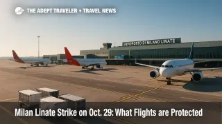 Baggage carts and parked jets on Milan Linate's apron, illustrating ENAC protection windows during the Milan Linate strike.