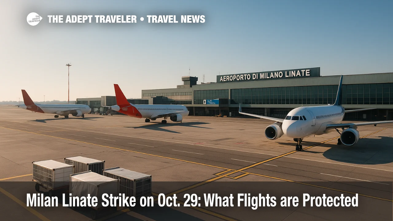 Baggage carts and parked jets on Milan Linate's apron, illustrating ENAC protection windows during the Milan Linate strike.