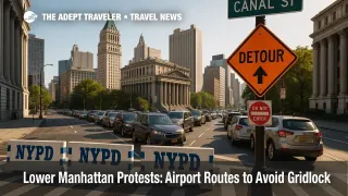 Traffic backed up on Canal Street near protest barricades, a travel advisory for Lower Manhattan airport transfers.