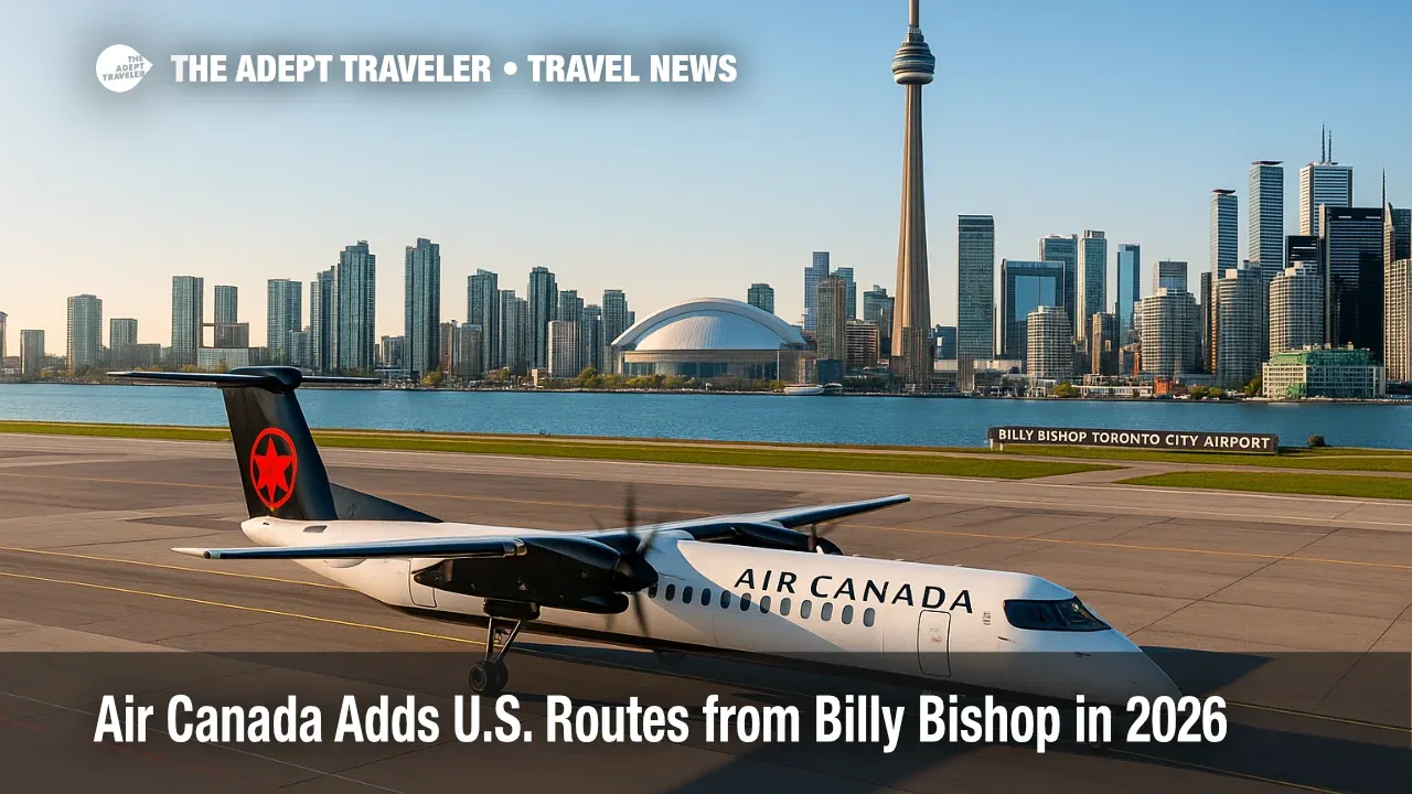 Air Canada Dash 8-400 at Billy Bishop with Toronto skyline, highlighting new U.S. routes and free Wi-Fi.