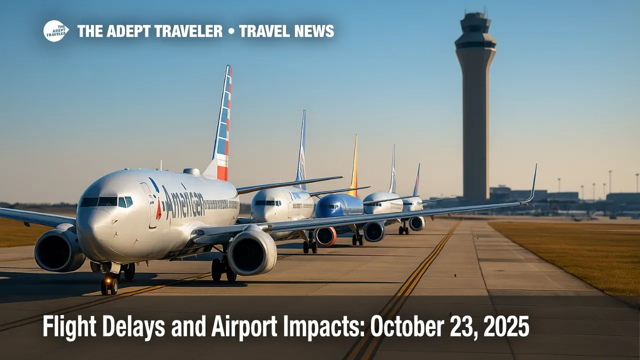 Airliners line up on a taxiway near a control tower, illustrating flight delays and airport impacts today.