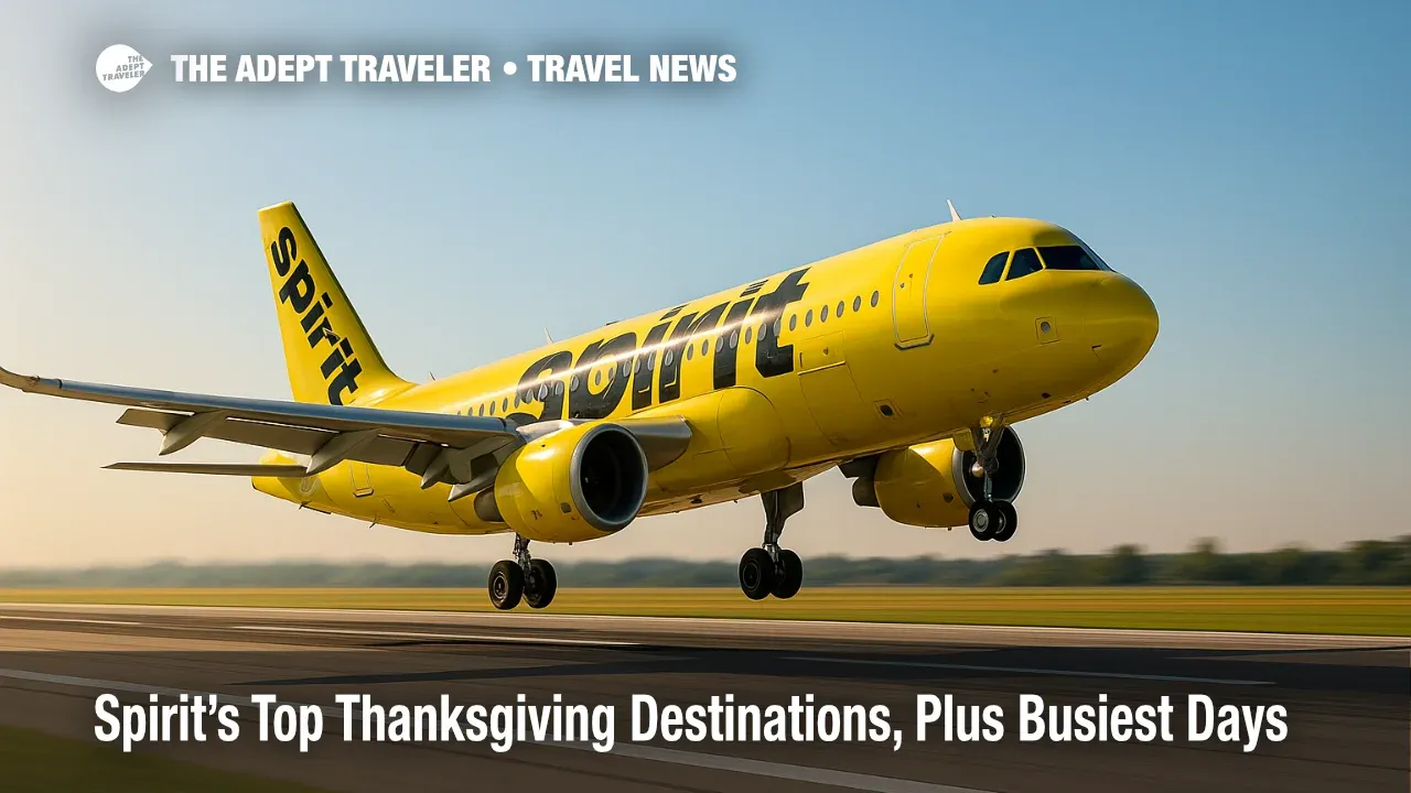 Spirit jet lifting off under clear skies, illustrating Spirit's top Thanksgiving destinations and peak holiday demand.