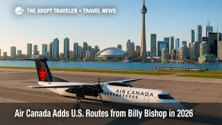Air Canada Dash 8-400 at Billy Bishop with Toronto skyline, highlighting new U.S. routes and free Wi-Fi.