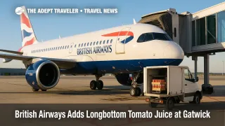 British Airways A320 at Gatwick as crew load Longbottom tomato juice for improved in-flight Bloody Marys and umami-forward flavor.