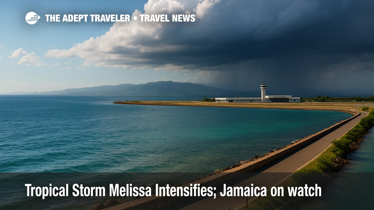Low storm bands over Kingston Harbour with Norman Manley International in view, illustrating Tropical Storm Melissa travel impacts.