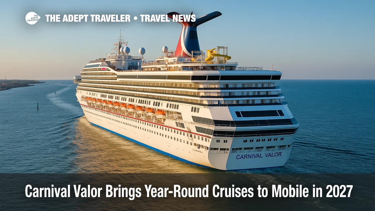 Carnival Valor departs Mobile under clear skies, highlighting the year-round Bahamas cruises and Celebration Key calls.