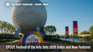Spaceship Earth with Festival of the Arts signage and World Showcase lagoon, highlighting EPCOT International Festival of the Arts 2026.