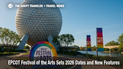 Spaceship Earth with Festival of the Arts signage and World Showcase lagoon, highlighting EPCOT International Festival of the Arts 2026.