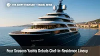 Four Seasons I anchored near a Mediterranean harbor, highlighting Sedna restaurant for Four Seasons Yachts chef-in-residence.