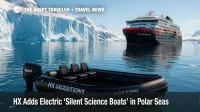Electric 'silent science boat' with RAD 40 outboard near Antarctic ice, illustrating HX Expeditions' low-noise wildlife operations.