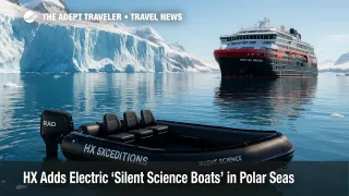 Electric 'silent science boat' with RAD 40 outboard near Antarctic ice, illustrating HX Expeditions' low-noise wildlife operations.