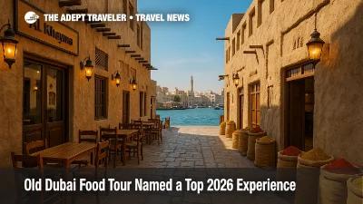 A lantern-lined Al Fahidi alley leading to Dubai Creek with cafés and spice sacks, illustrating an Old Dubai food tour experience.