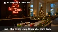Festive Omni hotel lobby bar with Blitzen's Bar decor and ornamented cocktails, showcasing Omni Hotels holiday experiences.