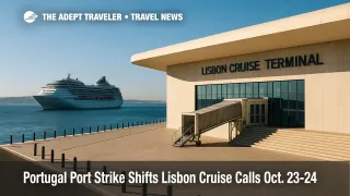 Lisbon Cruise Terminal stands quiet during a Portugal port strike, with a cruise ship departing the Tagus.