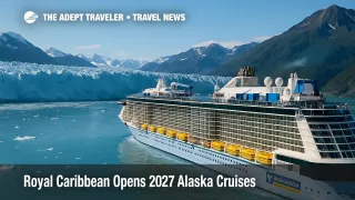 Royal Caribbean ship approaches Hubbard Glacier under clear skies, highlighting 2027 Alaska cruises with dramatic ice and mountain scenery.
