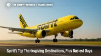 Spirit jet lifting off under clear skies, illustrating Spirit's top Thanksgiving destinations and peak holiday demand.