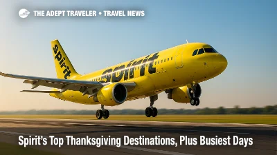 Spirit jet lifting off under clear skies, illustrating Spirit's top Thanksgiving destinations and peak holiday demand.