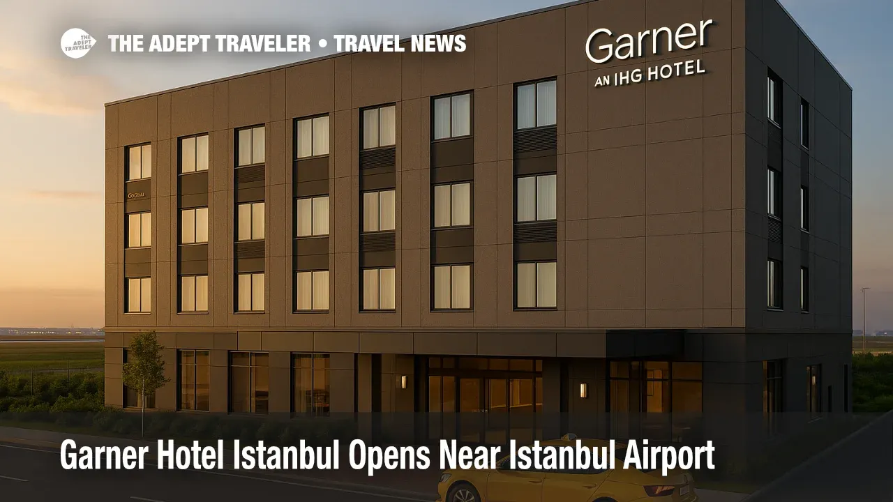 Garner Hotel Istanbul near Istanbul Airport with a taxi at the canopy and distant runway lights, a new midscale IHG option for airport stopovers