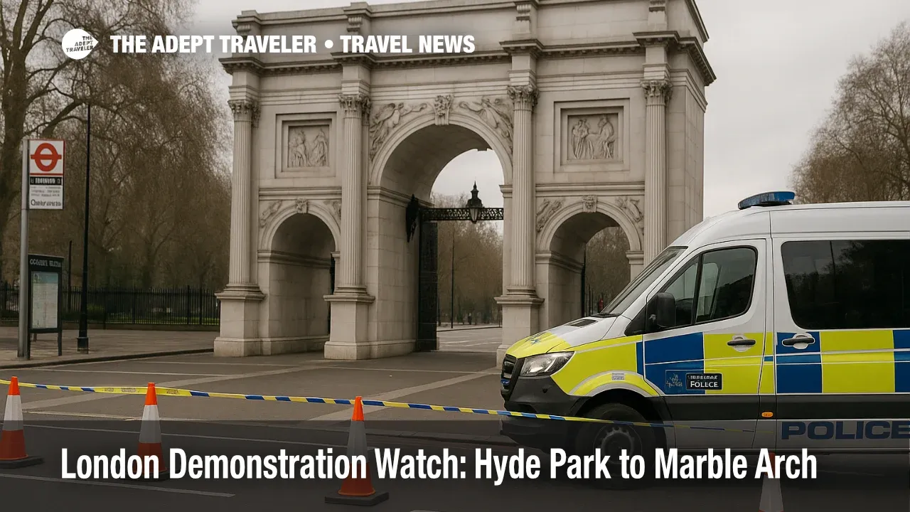 Marble Arch scene prepared for London demonstration watch with police van, cones, and Oxford Street wayfinding in view.