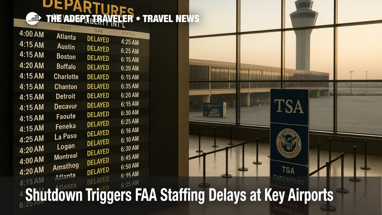 Departure board filled with delays at Newark Liberty as FAA staffing shortages from the shutdown slow flights at Houston, Washington, and New York.