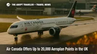 Air Canada widebody at Heathrow on a rainy autumn afternoon, illustrating UK Aeroplan bonus points promotion and London departures.