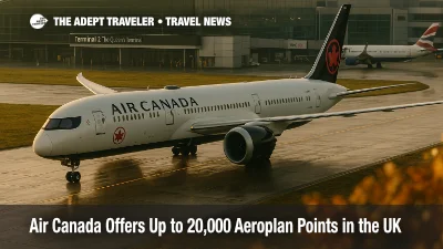 Air Canada widebody at Heathrow on a rainy autumn afternoon, illustrating UK Aeroplan bonus points promotion and London departures.