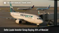 WestJet 737 at a Calgary gate with distant Delta, Air France-KLM, and Korean Air aircraft tails illustrating the new 25% ownership stake alignment.