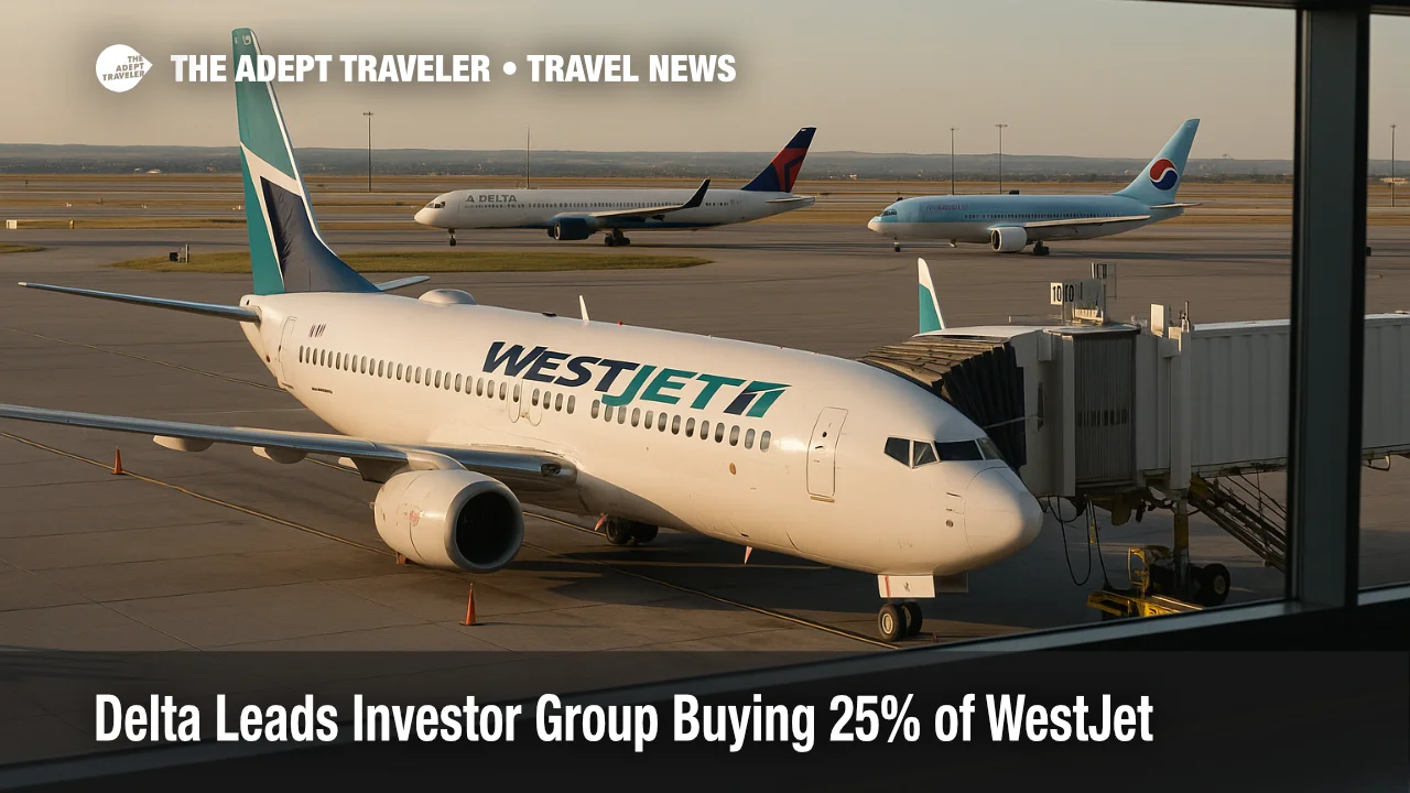 WestJet 737 at a Calgary gate with distant Delta, Air France-KLM, and Korean Air aircraft tails illustrating the new 25% ownership stake alignment.