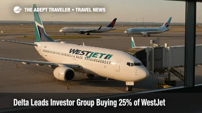 WestJet 737 at a Calgary gate with distant Delta, Air France-KLM, and Korean Air aircraft tails illustrating the new 25% ownership stake alignment.