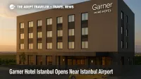 Garner Hotel Istanbul near Istanbul Airport with a taxi at the canopy and distant runway lights, a new midscale IHG option for airport stopovers