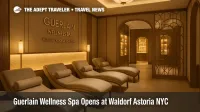 Art Deco spa lounge at Waldorf Astoria New York with Guerlain Wellness Spa signage, marble tables, and warm ambient lighting for a serene Midtown retreat.