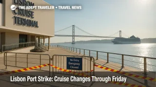 Lisbon Cruise Terminal with closed gangway and signage during Lisbon port strike, highlighting canceled calls and diverted embarkation.
