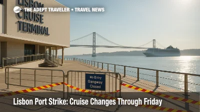 Lisbon Cruise Terminal with closed gangway and signage during Lisbon port strike, highlighting canceled calls and diverted embarkation.