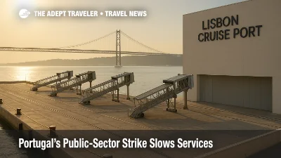 Lisbon Cruise Port with idle gangways and closed quay during Portugal strike, Tagus River and bridge in background.