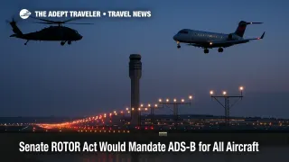 DCA tower and approach lights at dusk with a helicopter and regional jet aligned on separate tracks, illustrating the ROTOR Act ADS-B safety push.