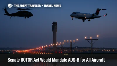 DCA tower and approach lights at dusk with a helicopter and regional jet aligned on separate tracks, illustrating the ROTOR Act ADS-B safety push.