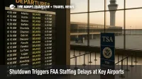 Departure board filled with delays at Newark Liberty as FAA staffing shortages from the shutdown slow flights at Houston, Washington, and New York.