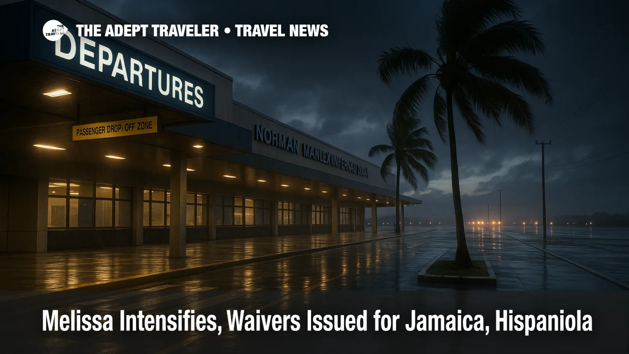 Rain-slick departures curb at Kingston's Norman Manley International during Tropical Storm Melissa travel waivers window.