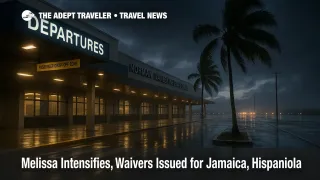 Rain-slick departures curb at Kingston's Norman Manley International during Tropical Storm Melissa travel waivers window.
