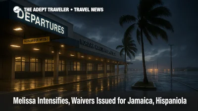 Rain-slick departures curb at Kingston's Norman Manley International during Tropical Storm Melissa travel waivers window.