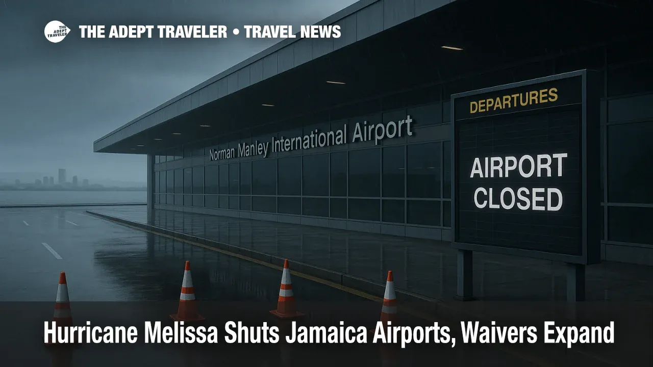 Hurricane Melissa closes Jamaica airports, rain-soaked Kingston terminal with closure signage and grounded operations visible in stormy conditions