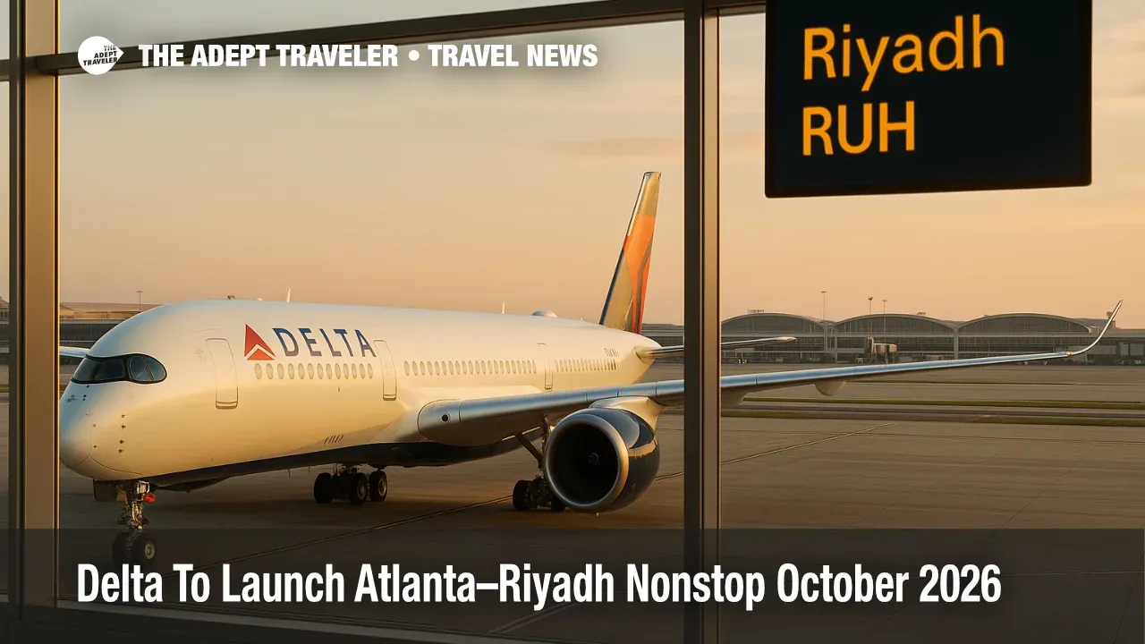 Delta A350-900 at an Atlanta international gate with a departures board showing Riyadh, illustrating Delta's new Atlanta to Riyadh nonstop route starting October 2026