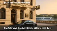Mandarin Oriental Vienna exterior with luxury sedan and distant AmaWaterways ship highlighting new pre and post cruise land programs