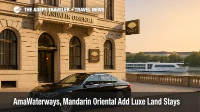 Mandarin Oriental Vienna exterior with luxury sedan and distant AmaWaterways ship highlighting new pre and post cruise land programs