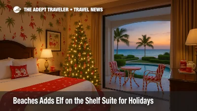 Festive Elf on the Shelf Caribbean Vacation Suite at Beaches Turks & Caicos with twinkling tree, cocoa bar, and candy-cane patio furniture overlooking the sea