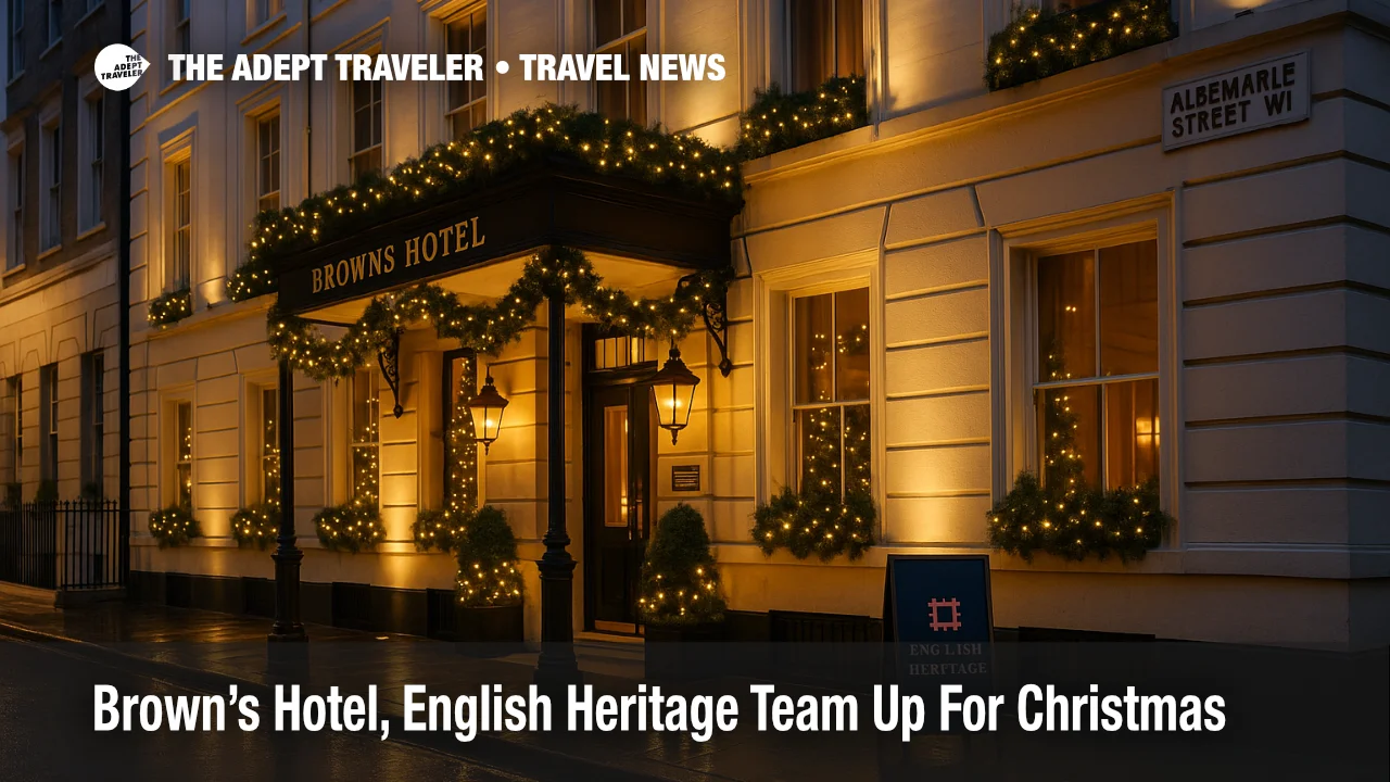 Brown's Hotel festive façade in Mayfair with garlands and warm lighting for the English Heritage Christmas partnership